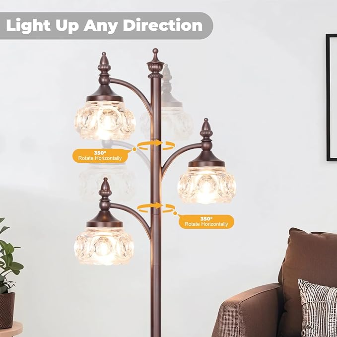 Brown Tree Floor Lamps for Living Room 66.5'' Standing Lamp with 3 Rotatable Lights Glass Shade Modern Lamp for Living Room Bedroom Office(3LED Bulbs Included)-Ruum Studio Home
