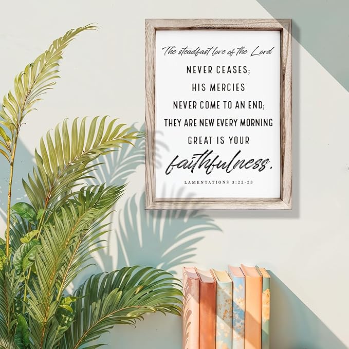 Christian Wooden Wall Signs, Living Room Decor, Home Church Decor for Room, Framed Wall Plaque Sign 15 * 11.5 inches, The Steadfast Love of the Lord Never Ceases Sign-Ruum Studio Home