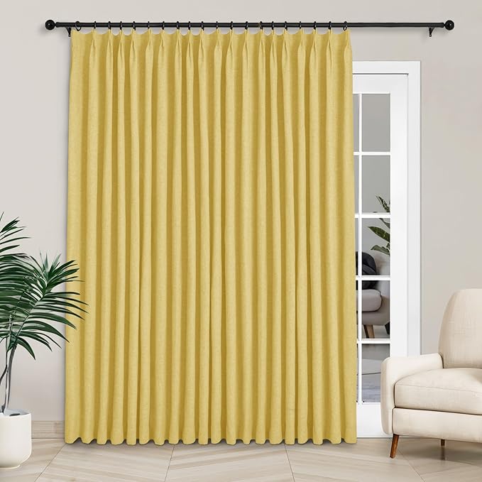 Macochico Extra Wide Full Blackout Linen Curtains for Sliding Door Yellow Pinch Pleated Linen Curtains 96 Inches Long for Bedroom Living Room Farmhouse with Tieback 120”Wx96”L 1 Panel-Ruum Studio Home