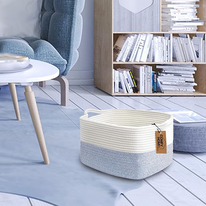 COMFY-HOMI Cotton Rope Woven Basket with Handles for shelf，Toy, Book, Cloth Storage Basket for Organizing-13.5"X11"X9.5" Storage Bin for Living Room, Newborn or Infant Gift for boy girl （White/blue）-Ruum Studio Home