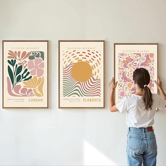 Tinonedraw Boho Flower Market Framed Canvas Wall Art Set, Pink Beige Cute Butterfly Wall Decor, Colorful Abstract Floral Wall Painting, Modern Matisse Art Print for Girls Room Bedroom Office Nursery 16"x24"x3-Ruum Studio Home