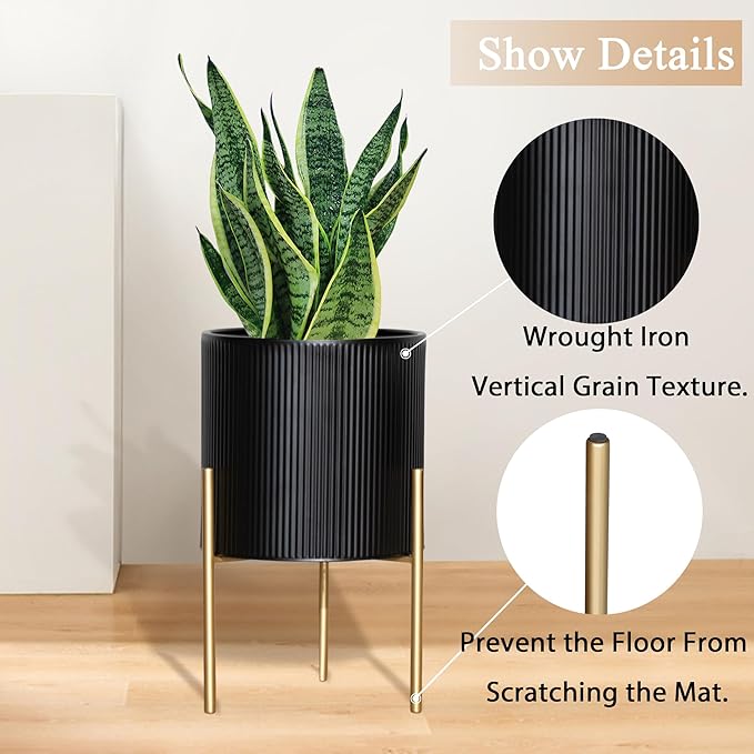 ARNIS Modern Planter Pots, Set of 2 Round Large Planters with Stand, Decorative Planters, Metal Pots with Drainage Holes for Living Room, Office, Garden or Balcony, 8.25 &10.5 Inch, Black & Gold-Ruum Studio Home