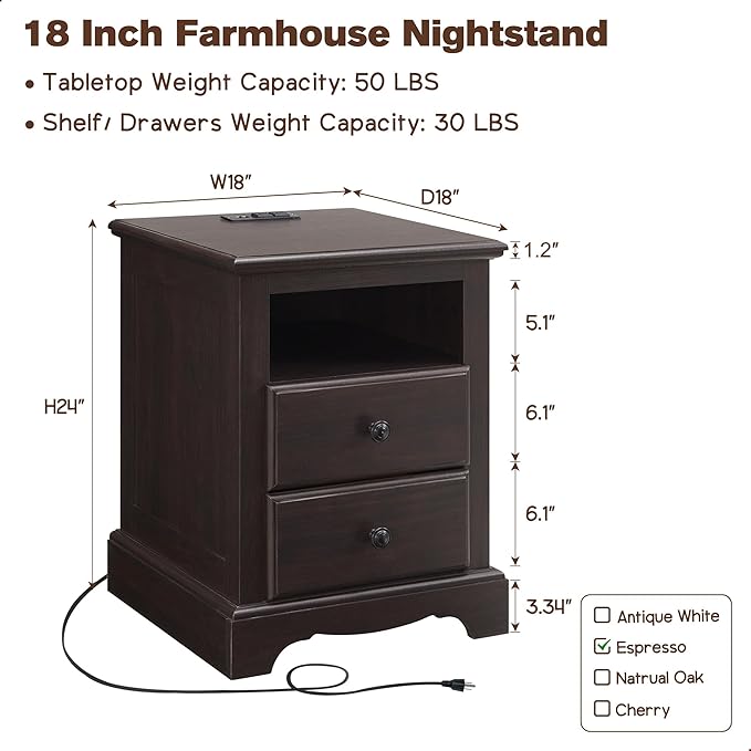 T4TREAM Nightstand with Charging Station, 18 Inch Vintage End Table with 2 Drawers for Living Room, Wood Rustic Sofa Side Table with Open Storage Shelf for Bedroom, Espresso-Ruum Studio Home