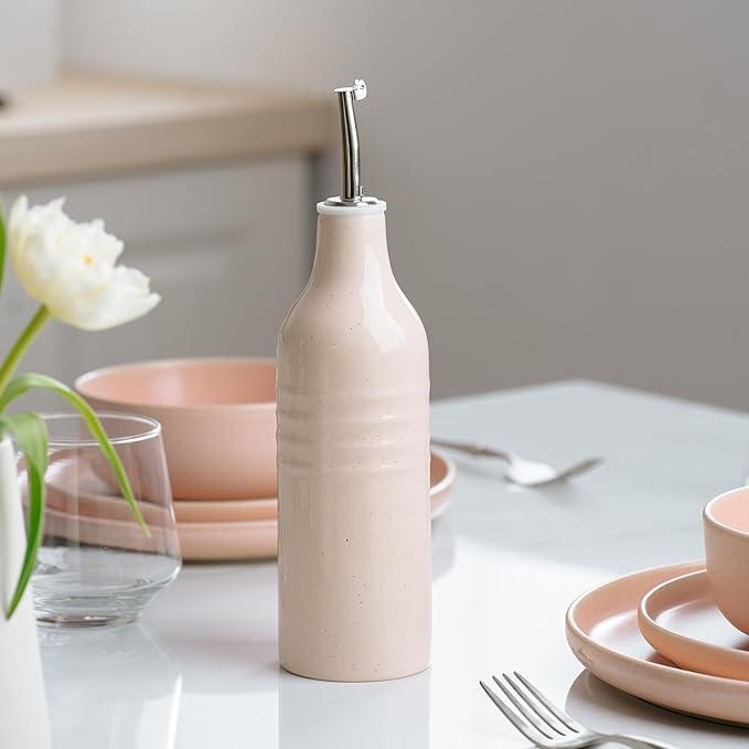 famiware Jupiter 16oz Ceramic Olive Oil Dispenser Bottle, 1 Piece Oil Dispenser for Kitchen with Stainless Steel Pourers, Suitable for Storage Vinegar, Soy Sauce, Coffee Syrup, Light Pink-Ruum Studio Home