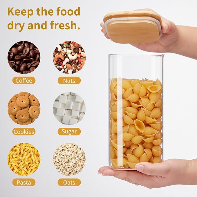 Square Glass Food Storage Jars with Lids[Set of 3], Perfect for Pasta, Cookies, Nuts, Coffee, Cereal, Flour, Organize Your Kitchen and Pantry with these BPA-Free Glass Jars with Canisters-Ruum Studio Home