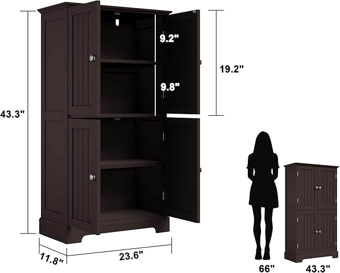 ChooChoo Bathroom Floor Cabinet, Modern Bathroom Storage Cabinet with 4 Doors and Adjustable Shelves, Freestanding Cupboard for Living Room, Espresso-Ruum Studio Home