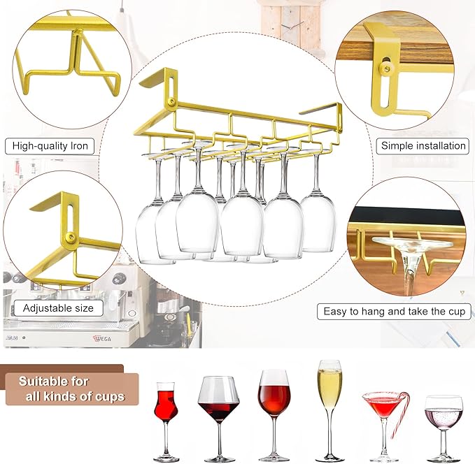 AUHOKY Adjustable Wine Glass Holder Under Shelf, Nail Free Metal Stemware Holder Storage Hanger, Hanging Wine Glasses Rack Organizer Under Cabinet Mount for Bar Kitchen (4 Rows, Gold)-Ruum Studio Home