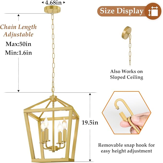 Gold Chandelier 4-Light, Farmhouse Pendant Light Fixture Adjustable Height, Modern Dining Room Light Fixture, Lantern Ceiling Hanging Lighting with Metal Cage for Kitchen Island Entryway Foyer-Ruum Studio Home