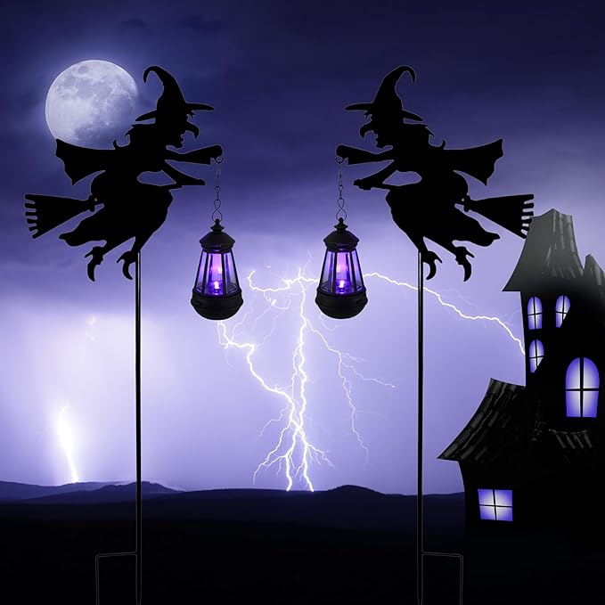 Fairy Garden Accessories Lawn Ornaments 1 Pair - Solar Lights Halloween Decorations Outdoor Garden Statue, Metal Stakes Decorative Figurines for Yard Decor, Patio (Witch)-Ruum Studio Home