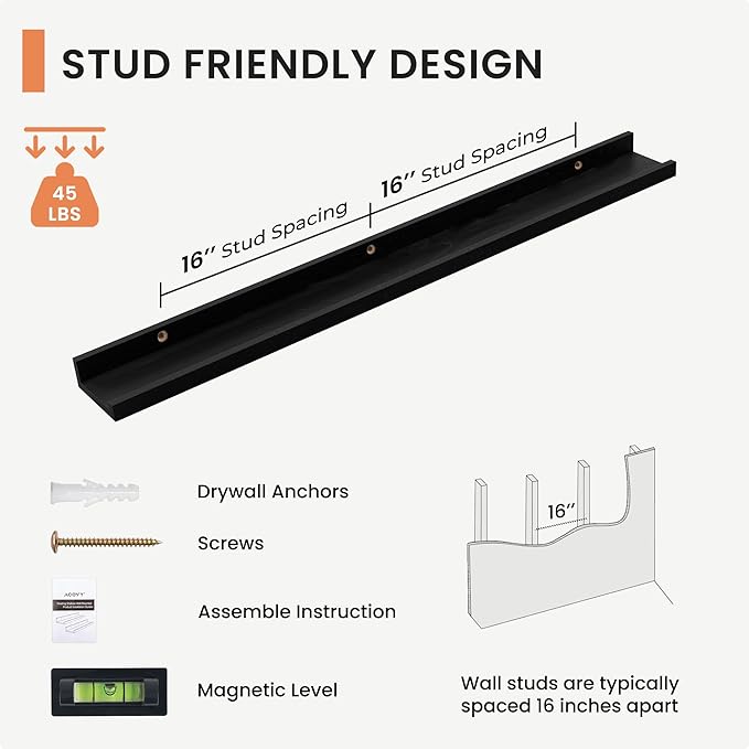 Solid Ash Wood Floating Shelves, Wood Picture Ledge Shelf Set of 2, 48 Inch Long Large Photo Ledge Shelves, Nursery Book Shelves Wall Mounted for Living Room Kids' Bedroom Decor, Black-Ruum Studio Home
