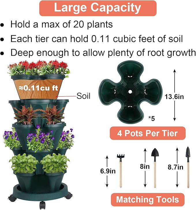 Vertical Planter 5 Tier Stackable Planters Garden Planters Strawberry Herb Flower and Vegetable Planter Indoor Outdoor Gardening Pots with Removable Wheels and Tools-Ruum Studio Home