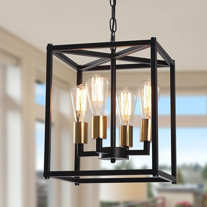 Lantern Pendant Light, 4-Light Gold Chandelier,Modernized Ceiling Hanging Light Fixture for Bedroom Kitchen Island Foyer Living Room Dining Room Hallway-Ruum Studio Home