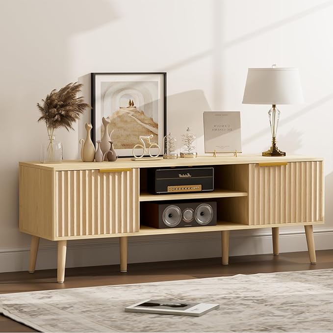 TV Stand for Living Room, Boho Entertainment Center for 55/60/65 inch TVs, Media Console with Fluted Door Cabinets and Open Shelves, for Bedroom, Oak-Ruum Studio Home