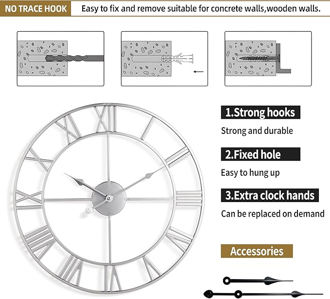 Large Wall Clock for Living Room Decor - 60cm/ 24 Inches Silent Non-Ticking Metal Wall Clocks Battery Operated, Vintage Decorative Modern Wall Clock for Bedroom, Office, Farmhouse Decor