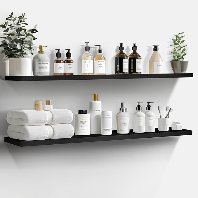 LaVie Home Floating Shelves, 47 Inch Wall Shelf Set of 2, Hanging Shelf with Invisible Brackets, Wall Decor for Bathroom, Bedroom, Living Room, Kitchen Storage,Classic Black-Ruum Studio Home