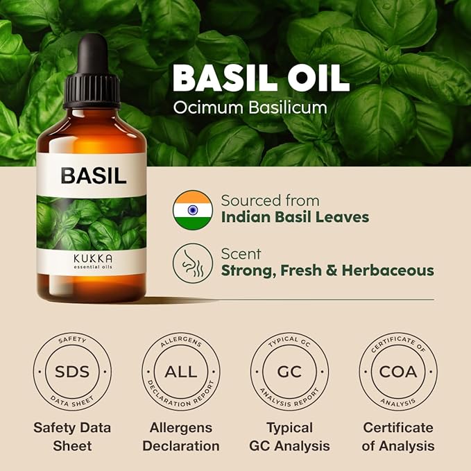 Kukka Basil Essential Oil for Diffusers - 4 Fl Oz - 100% Pure Natural Basil Oil for Skin & Aromatherapy Scent Massage Candles & Soaps Making Scent-Ruum Studio Home