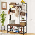 BON AUGURE Hall Tree with Shoe Storage, 5-in-1 Reversible Entryway Bench with Coat Hooks for Hallway, Rustic Wood and Metal Coat Rack with Shelves for Mudroom (Rustic Oak)-Ruum Studio Home