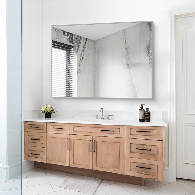 Silver Bathroom Mirror, 48"X36" Rectangle Mirrors for Wall Metal Frame, Bathroom Rectangular Mirror Modern Wall Mirror for Bedroom Living Room, Hangs Horizontal or Vertical-Ruum Studio Home