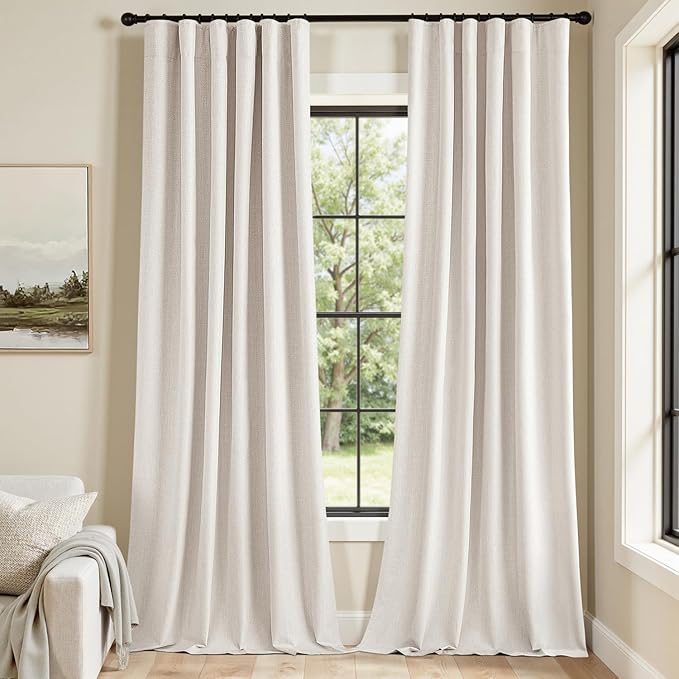 MIULEE 100% Blackout Curtains 84 Inch Long 2 Panels for Bedroom, Thick Luxury Faux Linen Black Out Curtain Room Darkening Back Tab Pleat Window Textured Drapes with Hooks for Living Room, Ivory-Ruum Studio Home
