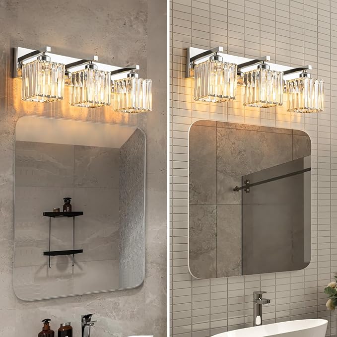 Modern Bathroom Vanity Light 3-Lights Chrome Crystal Bathroom Wall Light Vanity Light Fixtures，20.47-inch Modern Minimalist Design