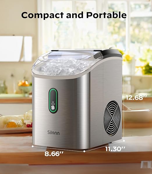 Silonn Nugget Ice Maker Countertop, Pellet Ice Machine with Self-Cleaning Function, Sonic Ice Maker Produces 33lbs of Chewable Ice in 24 Hours, Ideal for Home Kitchen and Office, Stainless Steel-Ruum Studio Home