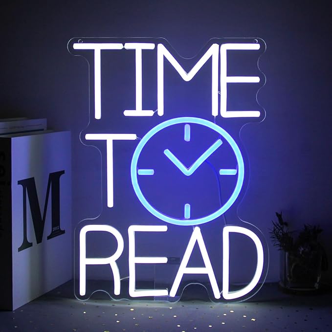 Time To Read Neon Sign Read Books Neon Light White Letter LED Signs Blue Clock Neon Read Light Up Sign for Bedroom Classroom Library Reading Corner Bookstore Decor-Ruum Studio Home