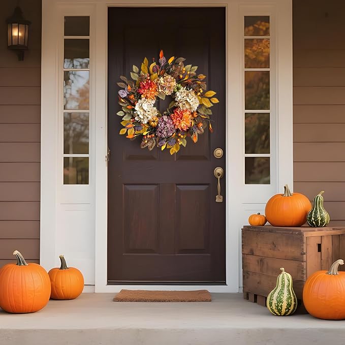 24Inch Fall Wreaths for Front Door,Fall Wreath with Beige Hydrangea,Orange Dahlia Artificial Flowers,Pumpkins,Autumn Wreaths for Harvest Thanksgiving Halloween Indoor Outdoor Home Decor-Ruum Studio Home