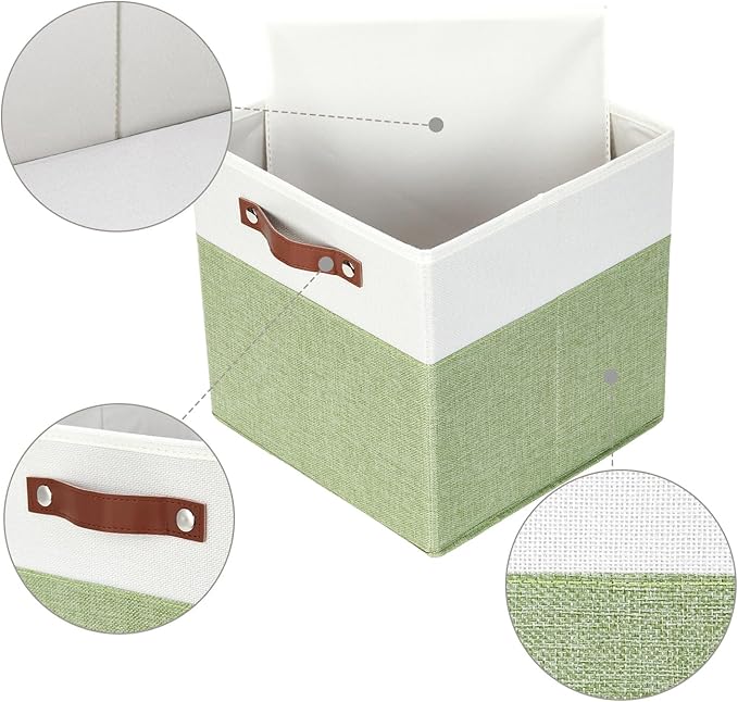 HNZIGE Fabric Cube Storage Bins 13x13 Set of 4 Canvas Storage Baskets for Shelves Collapsible Storage Bins for Organizing Clothes Closet Toy Nursery Cubby(Green&White)-Ruum Studio Home