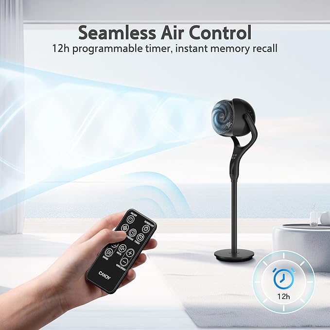 Standing Fan for Bedroom, 90° & 120° Oscillating Pedestal Fan, 3 Heights Adjustable Floor Fan with Brushless DC Motor, 12 Speeds, 3 Modes, Night Light, 12H Timer, Remote for Home, Dorm, Office-Ruum Studio Home