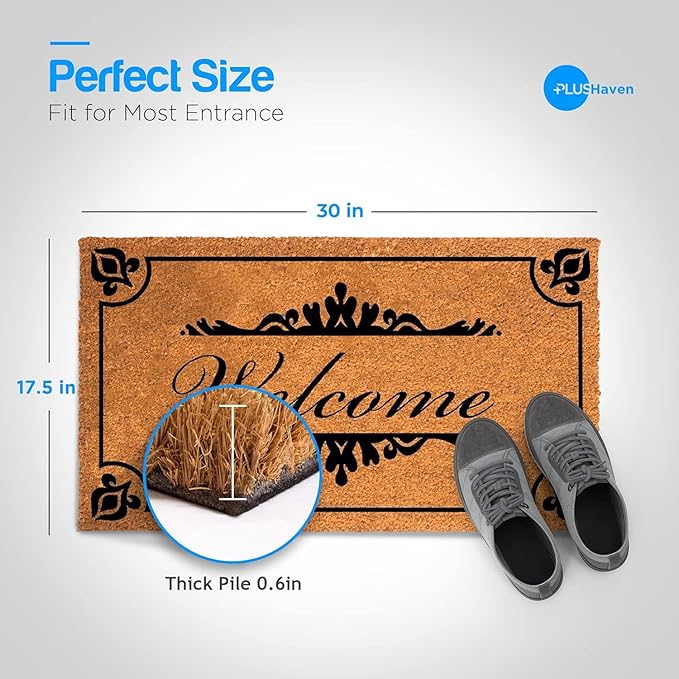PLUS Haven Coco Coir Door Mat with Heavy Duty Backing, Natural Welcome Doormat, 17.5”x30” for Entrance, Front Porch, Easy to Clean Entry Mat, Outdoor and Indoor Uses, Home Décor-Ruum Studio Home