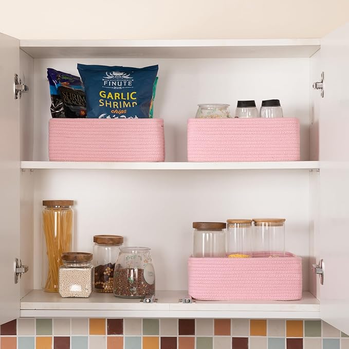 3 Pack Small Storage Baskets for Organizing, Cute Woven Decorative Gift Baskets for Shelves, Mini Closet Organizer Bins with Handles, 11.81''Lx7.87''Wx4.72''H-Pink-Ruum Studio Home