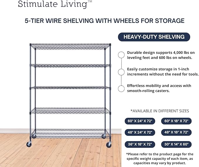 60"x18"x72" Prime Heavy Duty Black 5-Tier Wire Shelving NSF 4000 LBS MAX Capacity Storage Rack for Commercial, Hospital, School, Garage, and Kitchen Uses (with Wheels)-Ruum Studio Home