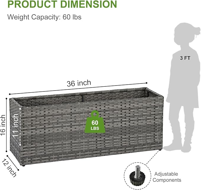 LEWIS&WAYNE Large Rectangular Block Planter Box Handmade Wicker Tall Planters for Outdoor Plants with Removable Liners Modern Planter for Indoor Outdoor Patio Deck - Gray, 36''x12''x16''-Ruum Studio Home