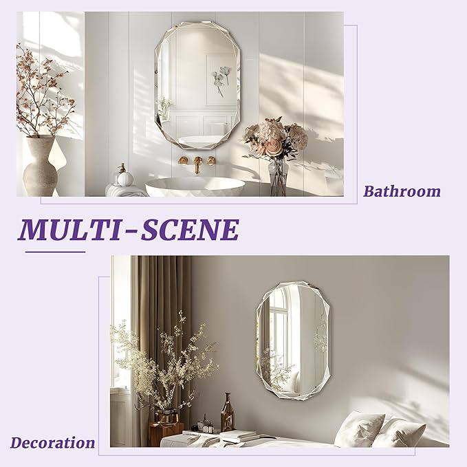 Bathroom Mirror for Wall, 24" x 48" Oval Mirror, Bathroom Vanity Mirror, Beveled Edge Frameless Wall Mount Vanity Mirrors, Wall Mirrors Decorative, Irregular Beveled Edge Mirror-Ruum Studio Home