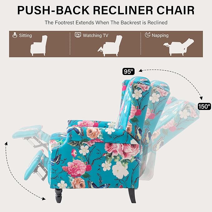 UIXE Floral Pushback Recliner Chair, Fabric Upholstered Armchair Push Back Accent Chair for Living Room, Rivet Trim Club Chair Home Theater Single Sofa Reading Seat - Peacock Blue-Ruum Studio Home