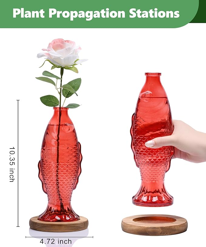 Nacome Fish Vase Glass Plant Terrarium with Wooden Stand,Planter Propagation Station for Home Office Hydroponics Desk Decoration,Unique Gardening Gifts for Plant Lovers Women Mom(Red)-Ruum Studio Home