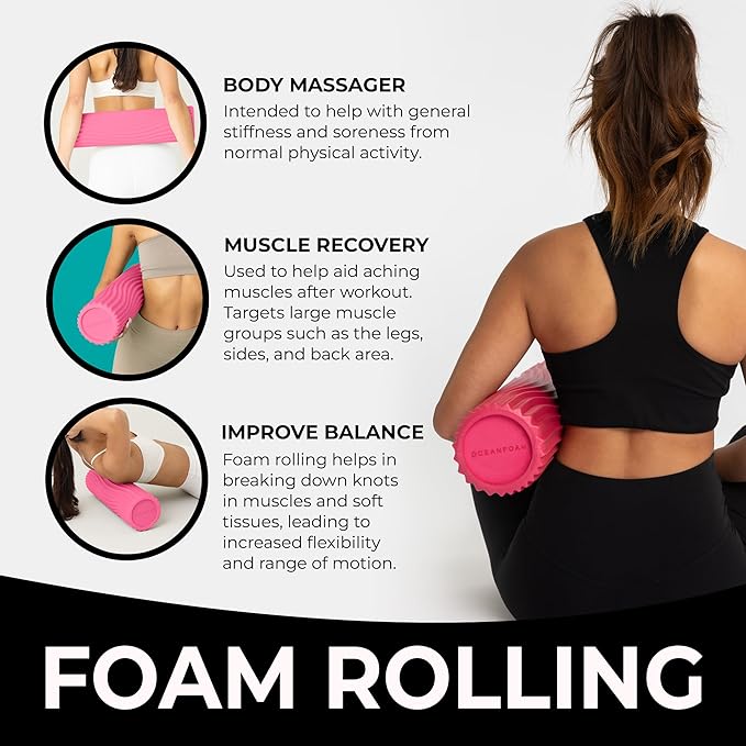 Oceanfoam Tidal Roller - Hot Pink - Muscle Massage Foam Roller for Back Pain & Stretching - Firm and Ergonomic Wide Wave Textured - Yoga, Athletics, & Wellness - Full Size, 20" x 5"-Ruum Studio Home