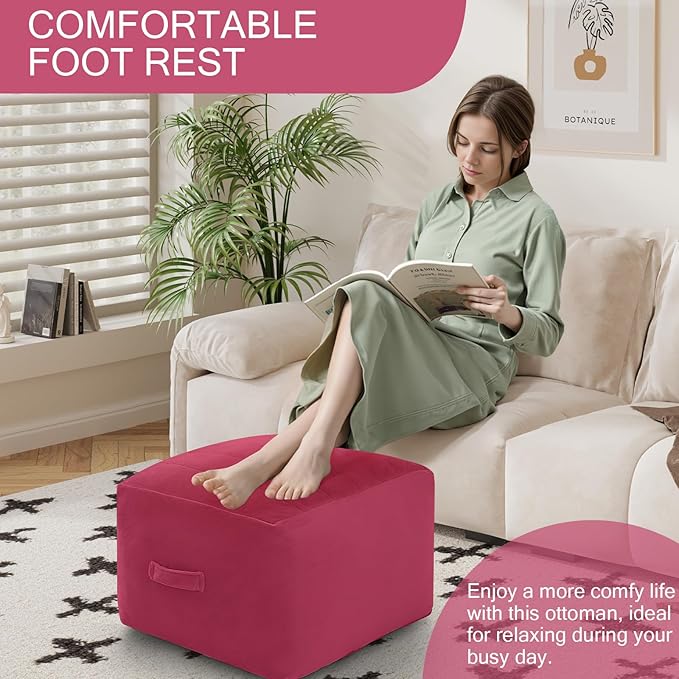 MeMoreCool Square Stuffed Pouf Ottoman Foot Rest, Floor Pouf Foot Stool with Foam Chunk Filling, Soft Stuffed Ottoman Footrest for Living Room-Ruum Studio Home