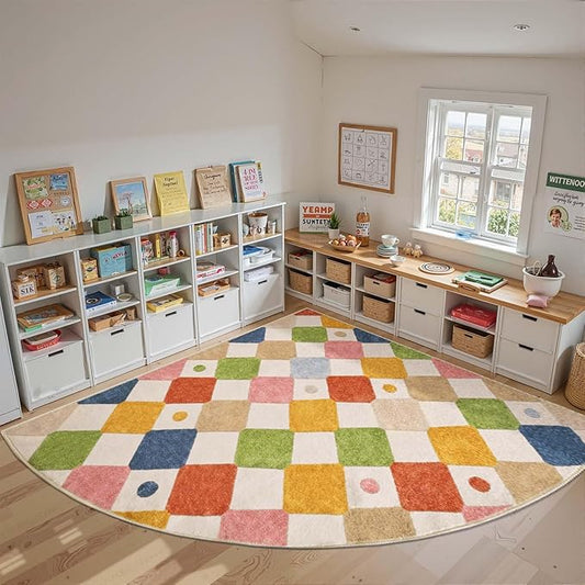 jinchan Kids Rug for Classroom 8ft Radius Corner Washable Area Rug Modern Colorful Quarter Circle Rug Soft Non-Slip Carpet for Nursery Playroom Daycare Reading Nook Living Room Circus on Cream-Ruum Studio Home