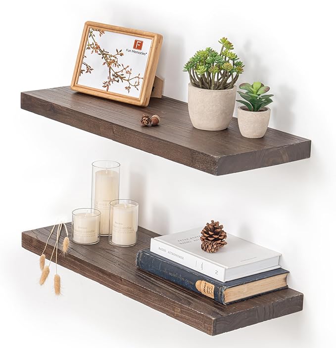Fun Memories Floating Shelves for Wall, 24"x9.3" Rustic Solid Elm Wood Shelves, Heavy-Duty Wall Mounted Shelves with Invisible Brackets, Set of 2 for Living Room, Bedroom, Kitchen, Walnut Finish-Ruum Studio Home
