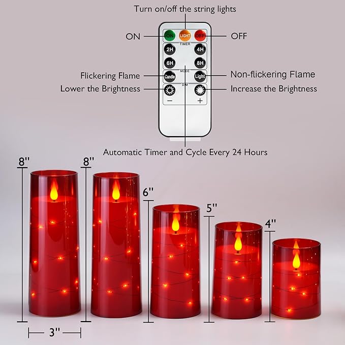 Homemory Acrylic Flameless Candles with Embedded Star String Fairy Lights, Battery Operated Candle, LED Candles, Fake Candles with Remote Control and Timer, Red, Set of 5(H4 5" 6" 8" 8")-Ruum Studio Home