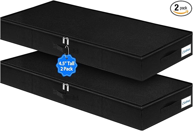 Under Bed Storage Containers, Low Profile Underbed Storage Bin 4.5 Inches Tall Clothes Storage Organizer With Rigid Side & Bottom, Shallow Thin Under Couch Dresser Storage Dorm With Lid - 2Pcs Black-Ruum Studio Home