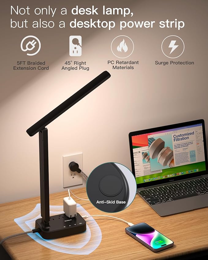 Addtam LED Desk Lamp, Power Strip with 3 Outlets 4 USB Charging Ports(2 USBC), 4 Modes 5 Level Brightness Touch Lamp, Small Desk Lamp for Home Office College Dorm Room Essentials-Ruum Studio Home