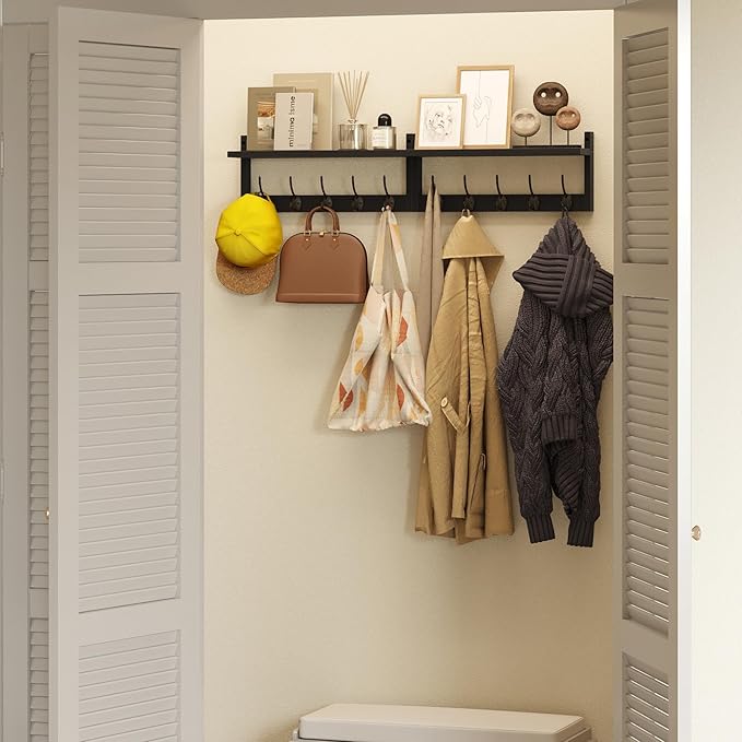 AMBIRD 34.2" Extra Long Wooden Wall Hook Rack with Shelf - Versatile and Decorative Wall-Mounted Storage with 10 Hooks for Coats, Hats, Keys, Scarves - Ideal for Entryways, Bedrooms, Closets (Black)-Ruum Studio Home