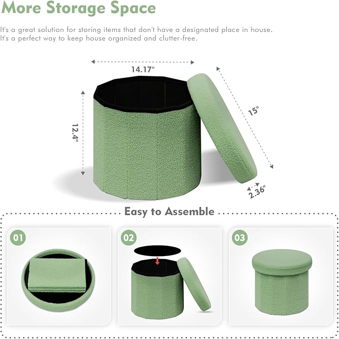 B FSOBEIIALEO Storage Ottoman Cube, Round Ottomans with Storage Foot Stool Footrest for Lving Room, Boucle Ottoman Seat for Dorm Room,Faux Teddy Fur, Green 15"x15"x15"-Ruum Studio Home