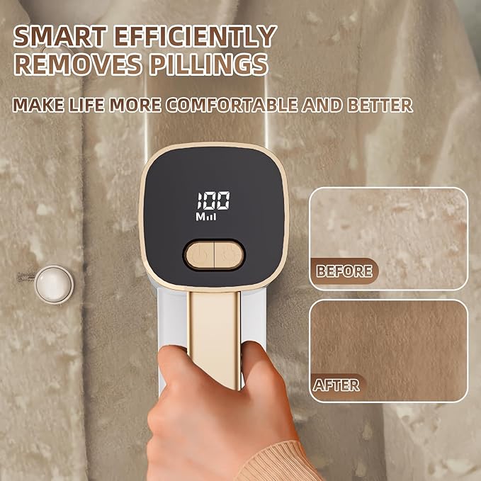 Rechargeable Lint Remover, Fabric Shaver Fuzz Remover, Sweater Shavers with 6-Leaf Blades, 3-Speeds Digital LED Display to Remove Pilling for Clothing and Furniture, Lint Ball, White-Ruum Studio Home