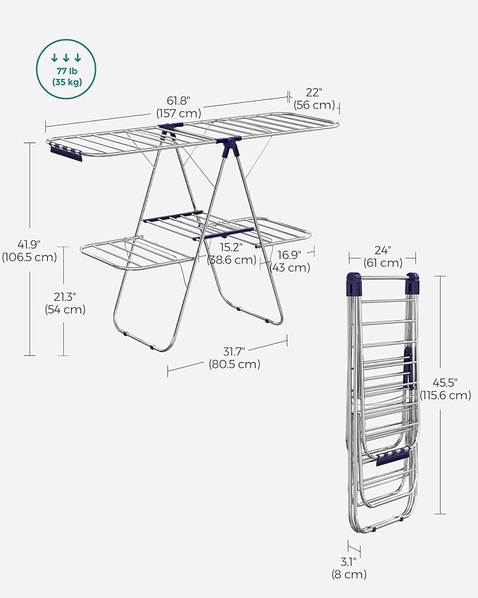 SONGMICS Clothes Drying Rack, Foldable 2-Level Laundry Drying Rack, Free-Standing Laundry Airer, with Height-Adjustable Wings, 33 Drying Rails, Sock Clips, Silver and Blue ULLR53BUV1-Ruum Studio Home