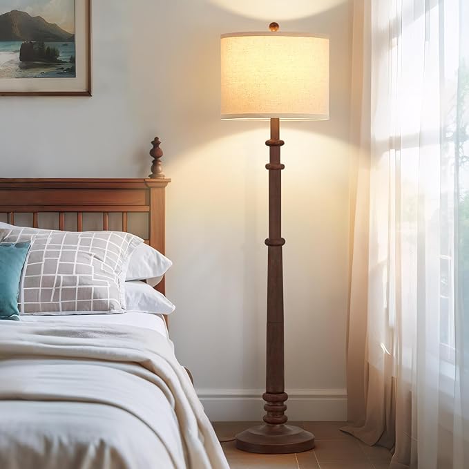 Floor Lamps for Living Room - 60" Resin Farmhouse Floor Lamp with 3 Color Temperatures - Vintage Standing Lamp Reading Light with Linen Shade Tall Lamp for Bedroom Office, Reddish Brown-Ruum Studio Home