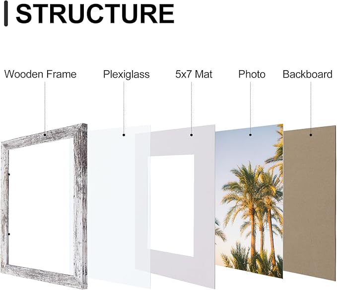 Vittanly 8x10 Picture Frames Set of 9, Shatter Resistant Plexiglass, Display 5x7 Pictures with Mat or 8x10 without Mat, Photo Frames for Wall or Tabletop, Engineered Wood, Distressed White-Ruum Studio Home