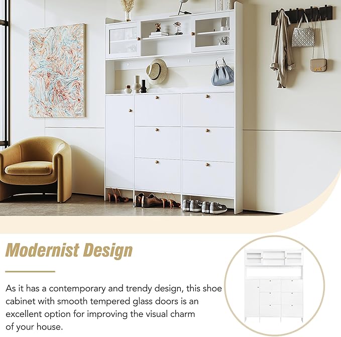 Ball & Cast Tipping Bucket 3-Tier Shoe Cabinet with 6 Flip Drawers and Storage Shelf,Entryway Hall Tree with Tempered Glass Doors and 4 Hooks,for Hallway,Mudroom,Living Room,White-Ruum Studio Home